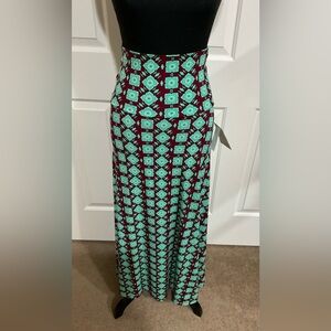 LuLaRoe Burgundy Maxi Skirt with Teal Geometric Print